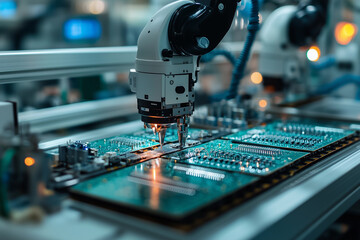 a robot is working on a piece of glass in a lab with other robots in the background and a blue light