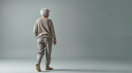 A woman wearing a sweater and gray pants is walking on a gray floor