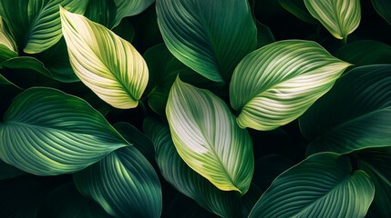 Lush Green and White Hosta Leaves A Vibrant Garden Background, Perfect for Nature-Inspired Designs.
