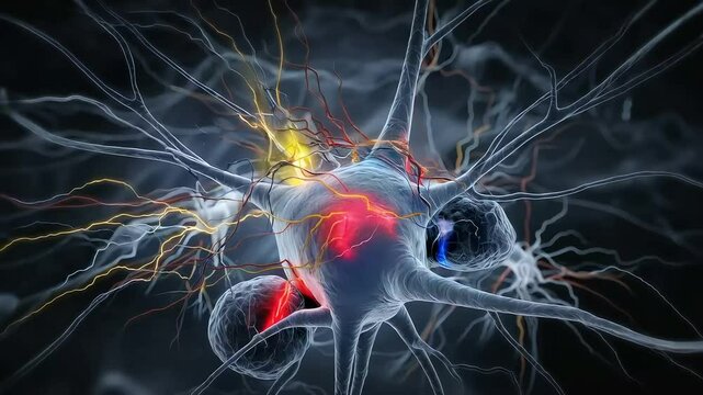 Neuron cell close-up, glowing with different colors, representing signals and activity