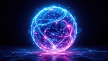 Fototapeta premium Glowing Cosmic Sphere: Create an image of a luminous sphere filled with dynamic, swirling particles in vibrant hues of blue and pink, set against a deep