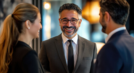 Successful professionals from various industries networking meet at a corporate event and business conference, exchanging smiles and talks together in a welcoming business environment.