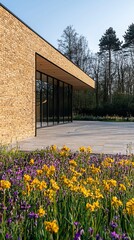 Obraz premium Modern building exterior with flowers, sunny day, trees in background