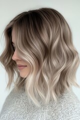 Beautiful woman with wavy shoulder-length hair showcasing a stylish haircut in a neutral setting during daylight