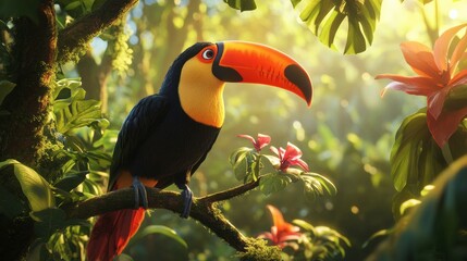 A bright and colorful toucan perched on a tree branch, surrounded by tropical flora