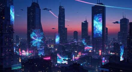 Obraz premium A futuristic cityscape at twilight features towering skyscrapers with holographic displays and flying vehicles against a colorful sky