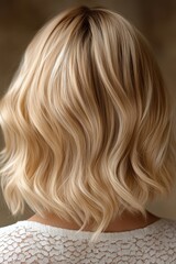Naklejka premium Stylish wavy blonde hair showcased from the back against a neutral background, highlighting its texture and shine during the afternoon