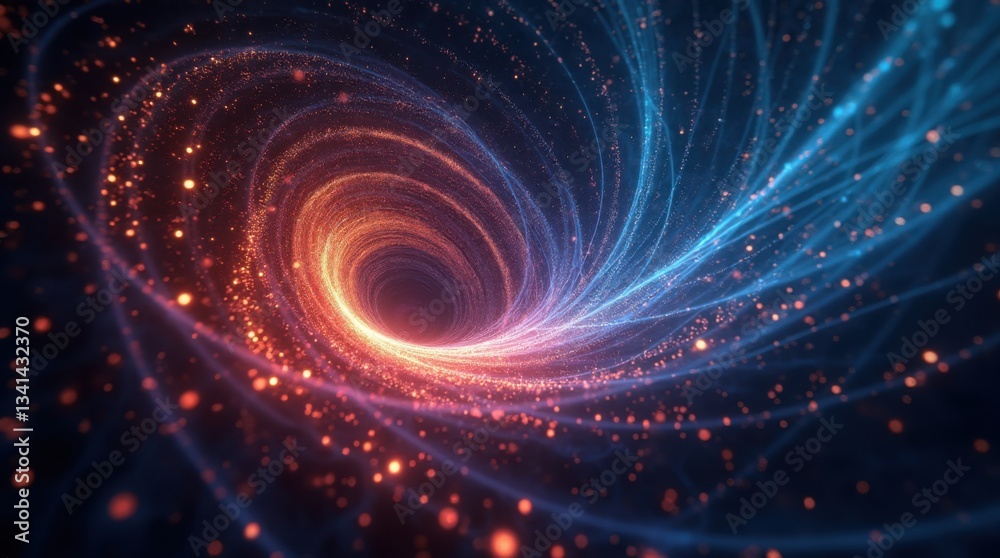 Poster an abstract digital rendering of a swirling vortex with glowing particles and light trails, creating
