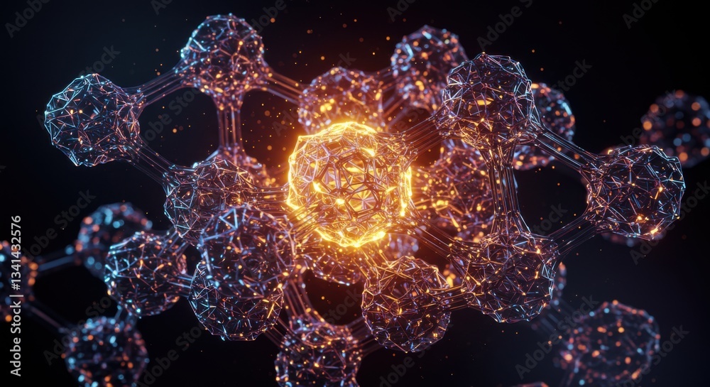 Wall mural a detailed digital rendering of an abstract molecular structure with a glowing central sphere, set a