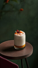 A luxurious layered dessert elegantly presented in a glass, showcasing rich textures and vibrant colors. Soft lighting enhances its creamy and decadent appearance.
