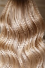 Naklejka premium Beautiful long wavy blonde hair showcased against a soft background, emphasizing shine and texture in a salon setting