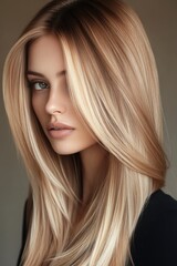 Naklejka premium Natural light emphasizes beautiful long blonde hair of a young woman in a soft, minimalist indoor setting during the daytime