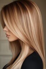 Naklejka premium Beautiful long blonde hair styled in soft waves, highlighting intricate color variations and natural shine indoors