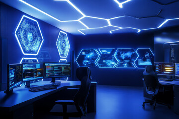 A hyper-advanced police department where officers operate within a digital crime-tracking system made of interconnected hexagonal data screens. The neon cyber interface, AI crime prediction algorithms