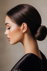 Elegant profile of a woman with sleek hair styled in a bun against a neutral background, showcasing refined beauty and grace in a minimalist setting