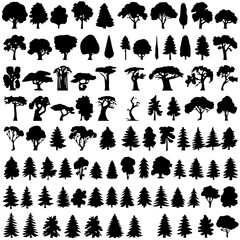 A collection of various tree silhouettes in different shapes and styles, including evergreen, deciduous, and leafless trees. The black silhouettes contrast against a white background, ideal for design