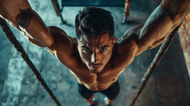 Hispanic man performing pull-ups, showcasing strength and determination.