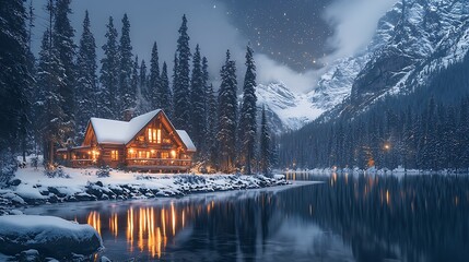 Fototapeta premium Cozy Cabin in Winter Wonderland: A picturesque wooden cabin with warm interior lights nestled at the edge of a serene lake, surrounded by snow-covered evergreen trees and majestic mountains.