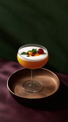 A luxurious layered dessert elegantly presented in a glass, showcasing rich textures and vibrant colors. Soft lighting enhances its creamy and decadent appearance.