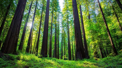 Obraz premium Sunlight Dappled Redwood Forest Lush Green Canopy and Peaceful Atmosphere