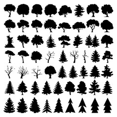 A collection of various tree silhouettes in different shapes and styles, including evergreen, deciduous, and leafless trees. The black silhouettes contrast against a white background, ideal for design