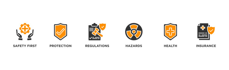 Work safety banner web icon illustration concept occupational safety and health at work with safety first, protection, regulations, hazards, health, and insurance