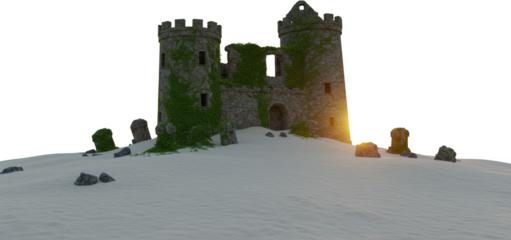 Ancient Stone Castle Ruins Overgrown with Ivy on a Sandy Beach at Sunset