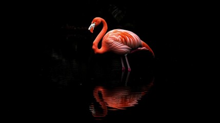 A graceful flamingo standing in shallow water with its reflection shimmering below