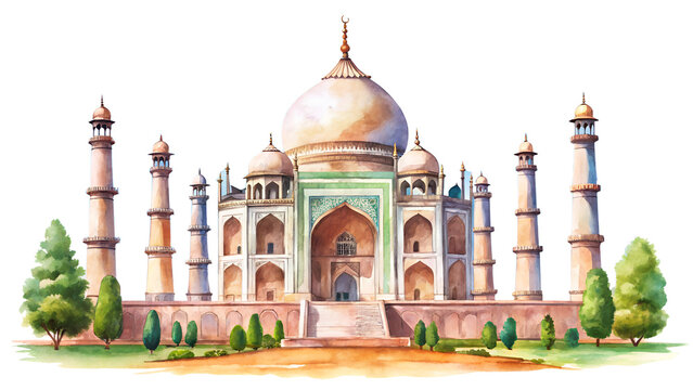 "Watercolor Illustration of Taj Mahal icon, white background ,png,
