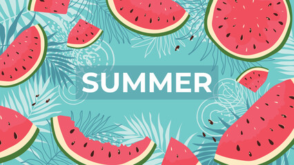 Summer Horizontal Banner With Watermelons And Palm Leaves. Background Hello Summer, Summer Time Poster. Vector