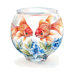 Watercolor Haft sin red Goldfish in a Glass water Bowl full of flowers. Traditional Persian New Year Garlic, isolated on a white background. Nowruz vector design set	