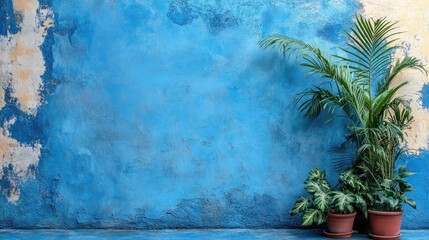 Vibrant blue wall with plants