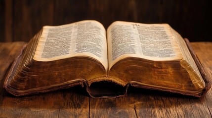 Fototapeta premium Aged, open book resting on a rustic wooden table