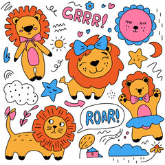 Cartoon lions, children's pattern with lions, vector children's print