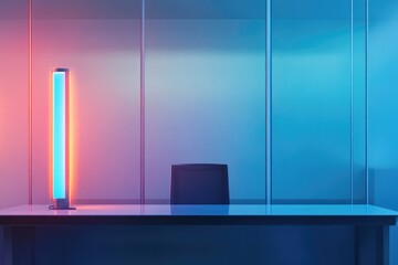 Minimalist office scene with neon light, reflecting on a sleek desk and chair.