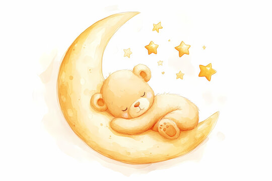 Sweet dreams adorable teddy bear naps peacefully on a crescent moon surrounded by twinkling stars, creating a whimsical and magical bedtime scene