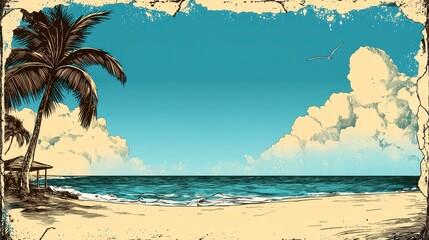 Fototapeta premium Tranquil Beach Scene Vintage Pixel Art Illustration