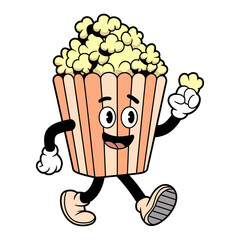 Vector playful cartoon popcorn character with arms and legs is happily walking along