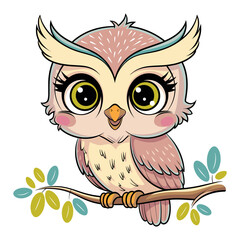 Cute kawaii owl vector illustration in flat design style with vibrant colors on a branch