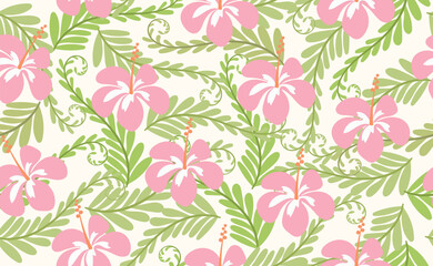 Tropical vector seamless pattern in flat style. Modern abstract botanical contemporary pattern with hibiscus flower, exotic leaves. Hawaii jungle eunique print. Fashionable template.