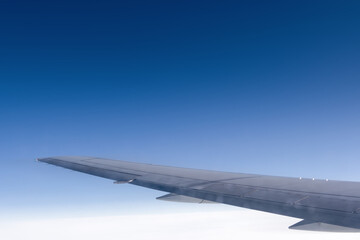 A stunning airplane wing gliding above clouds in a clear blue sky, embodying adventure and freedom. Blue and white sky background under the wing of an airplane. The concept of travel.