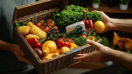 A wicker basket overflowing with fresh produce is carefully handed from one person to another showcasing vibrant tomatoes, corn, lemons, and leafy greens signifying healthy eating