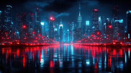 Obraz premium Neon rain-drenched city vista