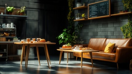 A cozy industrial-style coffee shop interior features a brown leather sofa, wooden tables with pastries and coffee cups, and a rustic brick wall with shelves and plants.