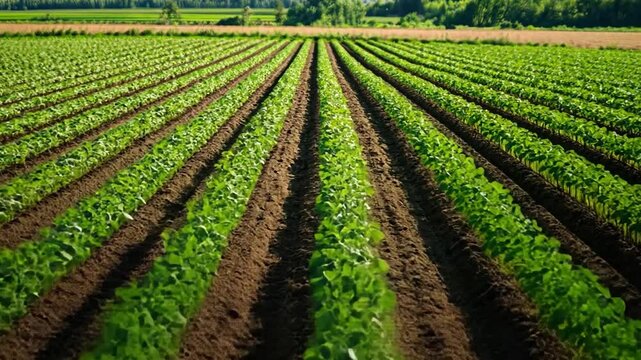 Lush green crops thrive in fertile fields, showcasing beauty of agriculture and nature, with vibrant plants flourishing in rich soil across rural landscape.