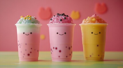 Three Cute Colorful Bubble Teas on Pink Background