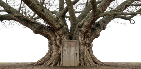 Ancient Tree with Rustic Wooden Door Mysterious Nature Scene Background Image