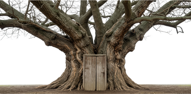 Ancient Tree with Rustic Wooden Door Mysterious Nature Scene Background Image