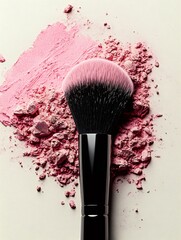 Makeup brush applying pink blush powder on white background