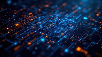 Intricate network of blue and orange lights representing technology and cybersecurity.